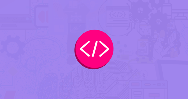 Blue-tinted collage of computers, networks, flowcharts and other technological symbols, with a pink html element icon on top